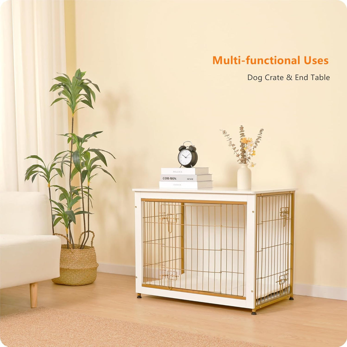 DWANTON Dog Crate Furniture with Cushion, Wooden Kennel Table with Double Doors, Indoor Dog House