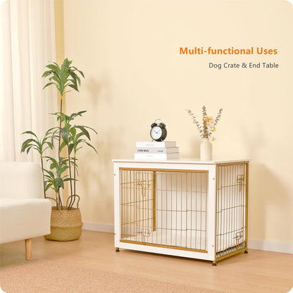 DWANTON Dog Crate Furniture with Cushion, Wooden Kennel Table with Double Doors, Indoor Dog House