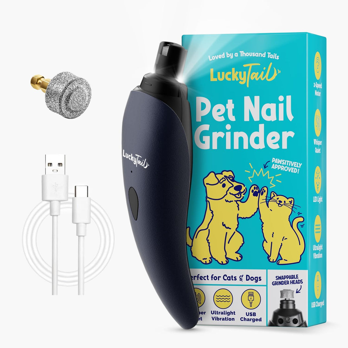 LuckyTail Pet Nail Grinder for Dogs and Cats - Super Quiet and Low Vibration Electric Dog Nail