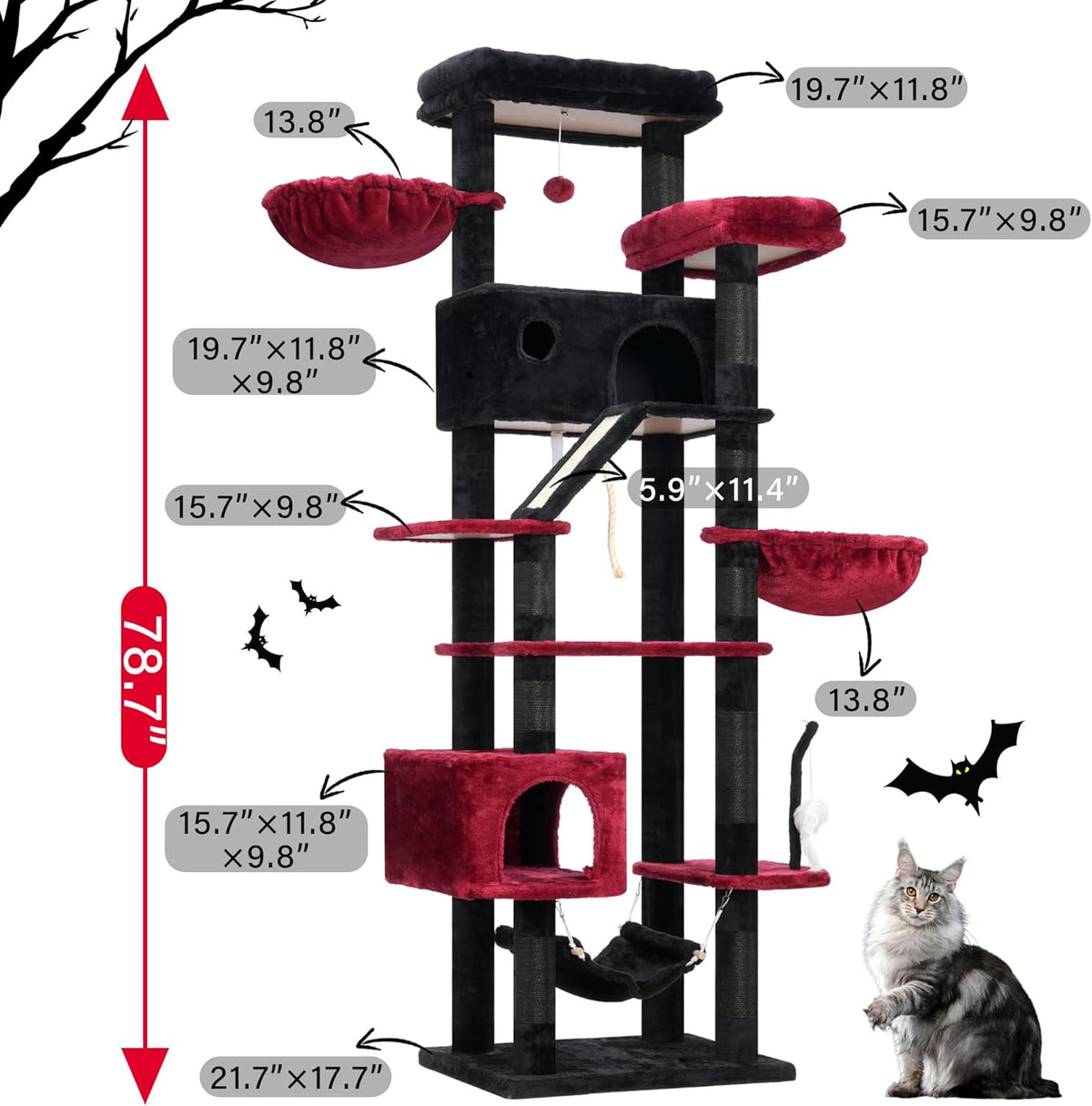 Gothic Cat Tree for Large Cats, 78.7"(200cm) Tall Cat Tower for Indoor Cats Multiple Cats with
