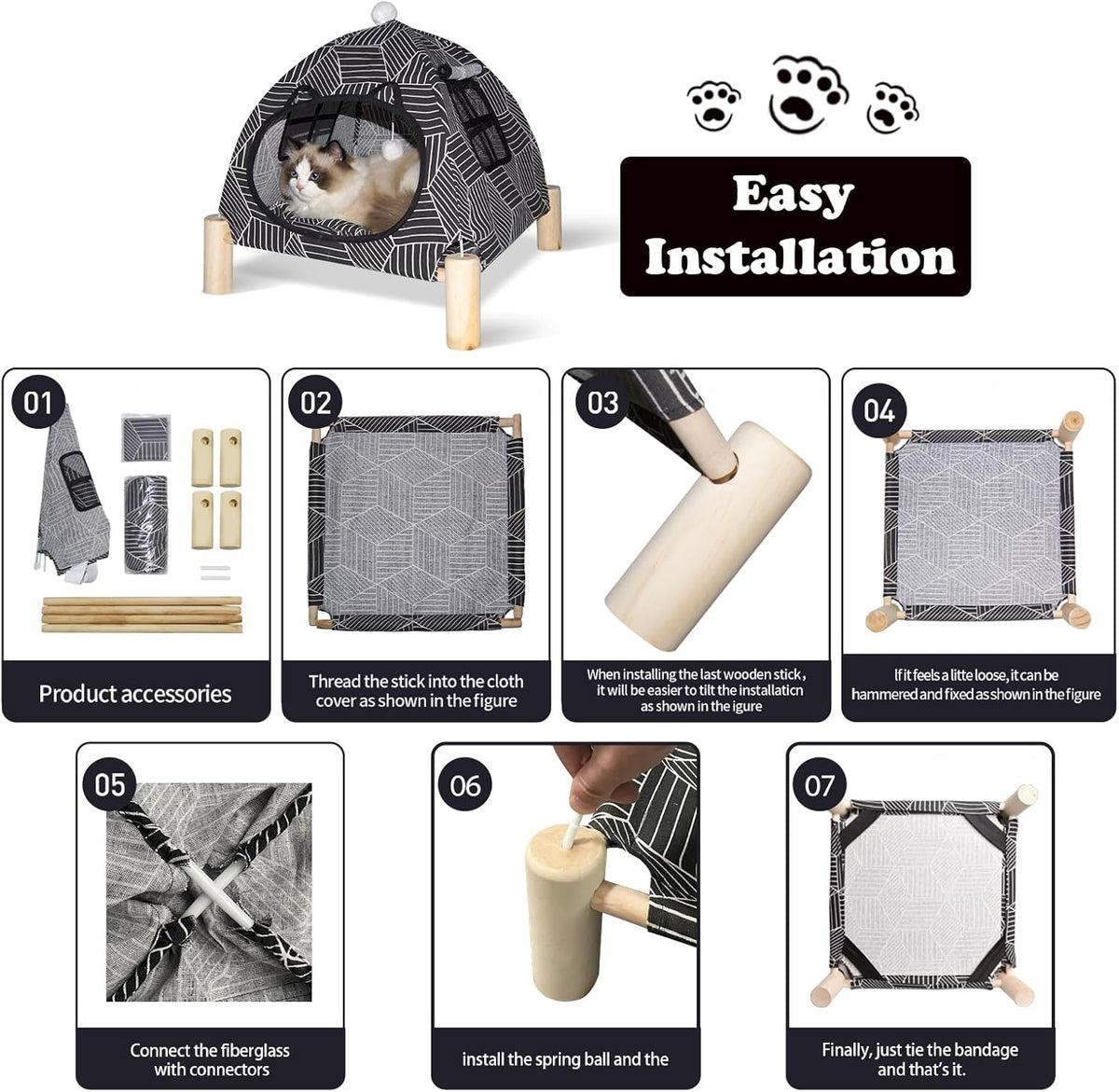 2-in-1 Elevated Cat Tent Cat House, Quick Assembly and Disassembly, Portable Indoor/Outdoor Cute