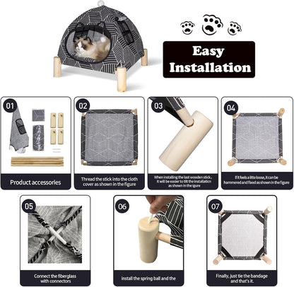 2-in-1 Elevated Cat Tent Cat House, Quick Assembly and Disassembly, Portable Indoor/Outdoor Cute
