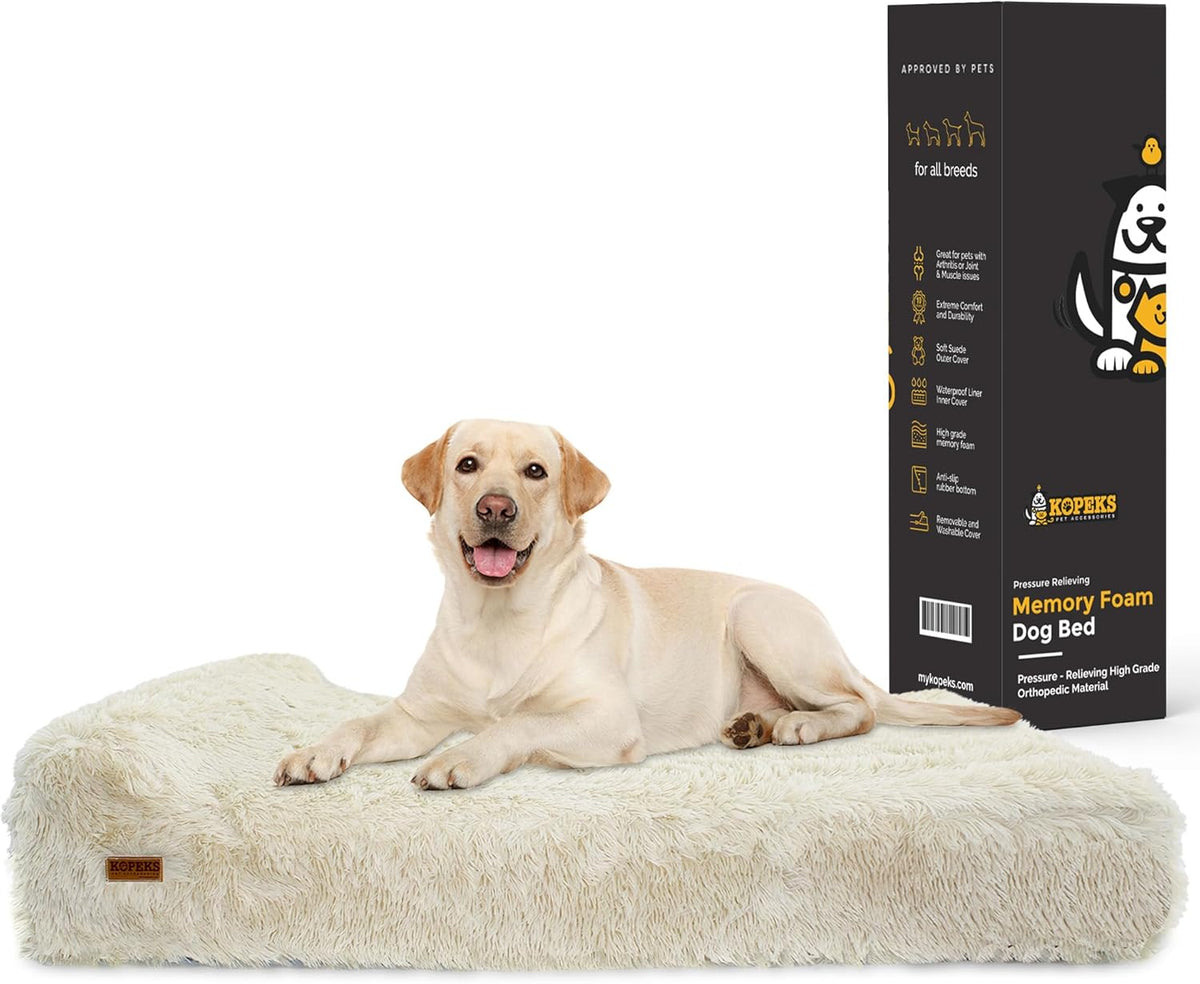 KOPEKS Orthopedic Memory Foam Dog Bed 7" Inch Thick Extra Large Dog Bed with Pillow Fluffy Brown