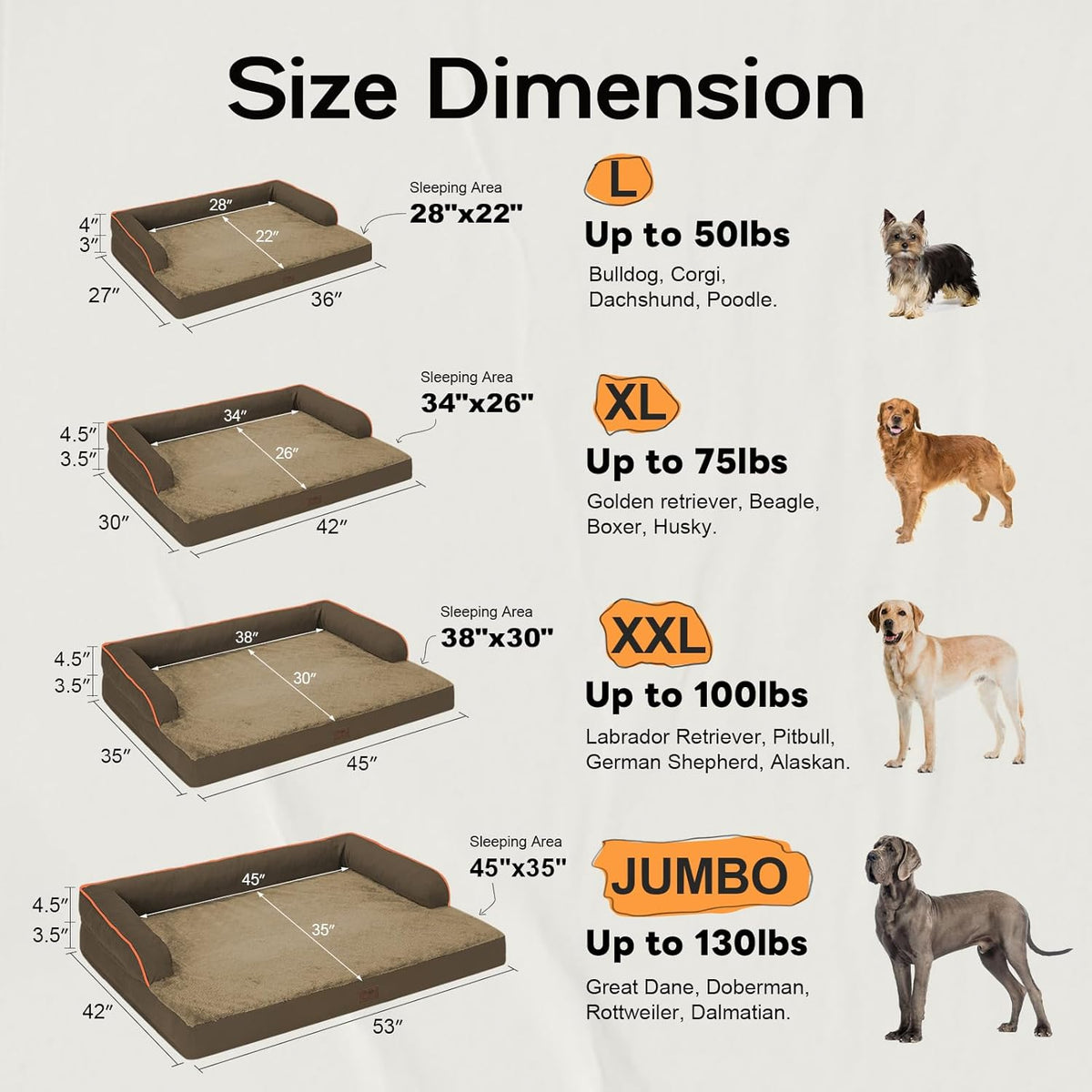 Large Dog Bed Orthopedic Washable: Extra Brown XL XLarge Big Dog Bed with Washable Bolster & Memory