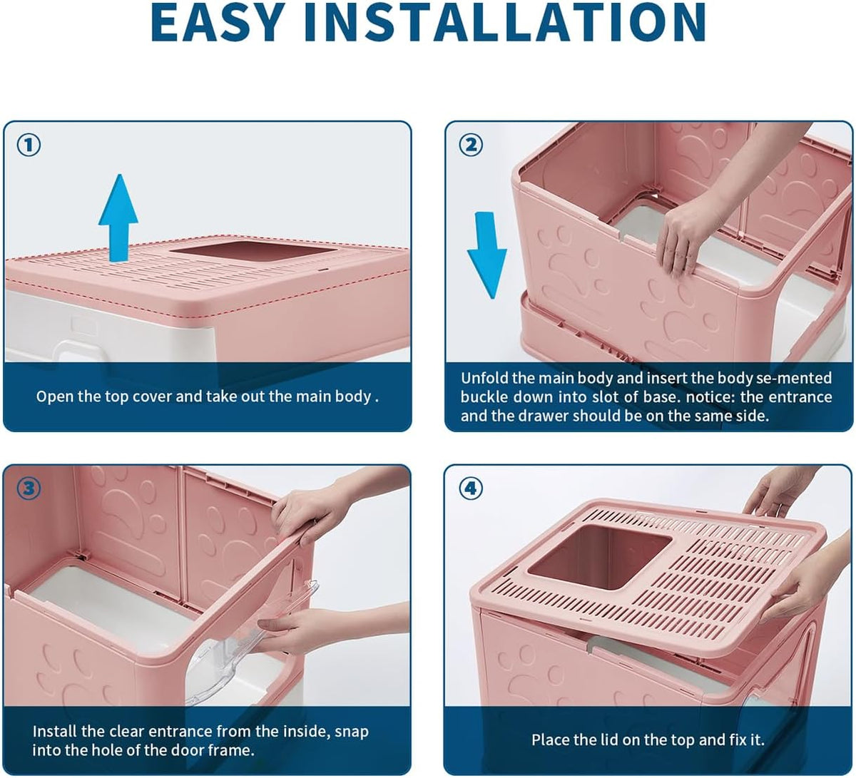 Cat Litter Box with Litter Mat and Scoop, Large Foldable Litter Box with Lid, Front Entry Top Exit