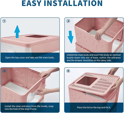Cat Litter Box with Litter Mat and Scoop, Large Foldable Litter Box with Lid, Front Entry Top Exit