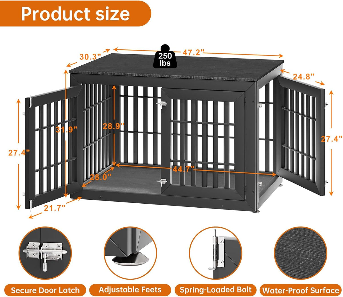 48" Heavy Duty Dog Crate Furniture for Small,Medium and Large Dogs,Rustic Wooden Dog Cage Kennel