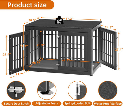 48" Heavy Duty Dog Crate Furniture for Small,Medium and Large Dogs,Rustic Wooden Dog Cage Kennel