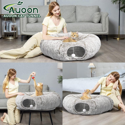 AUOON Cat Tunnel Bed - Cat Donut Tunnel with Soft Plush Circle Cushion for Indoor Cats Kitten Kitty