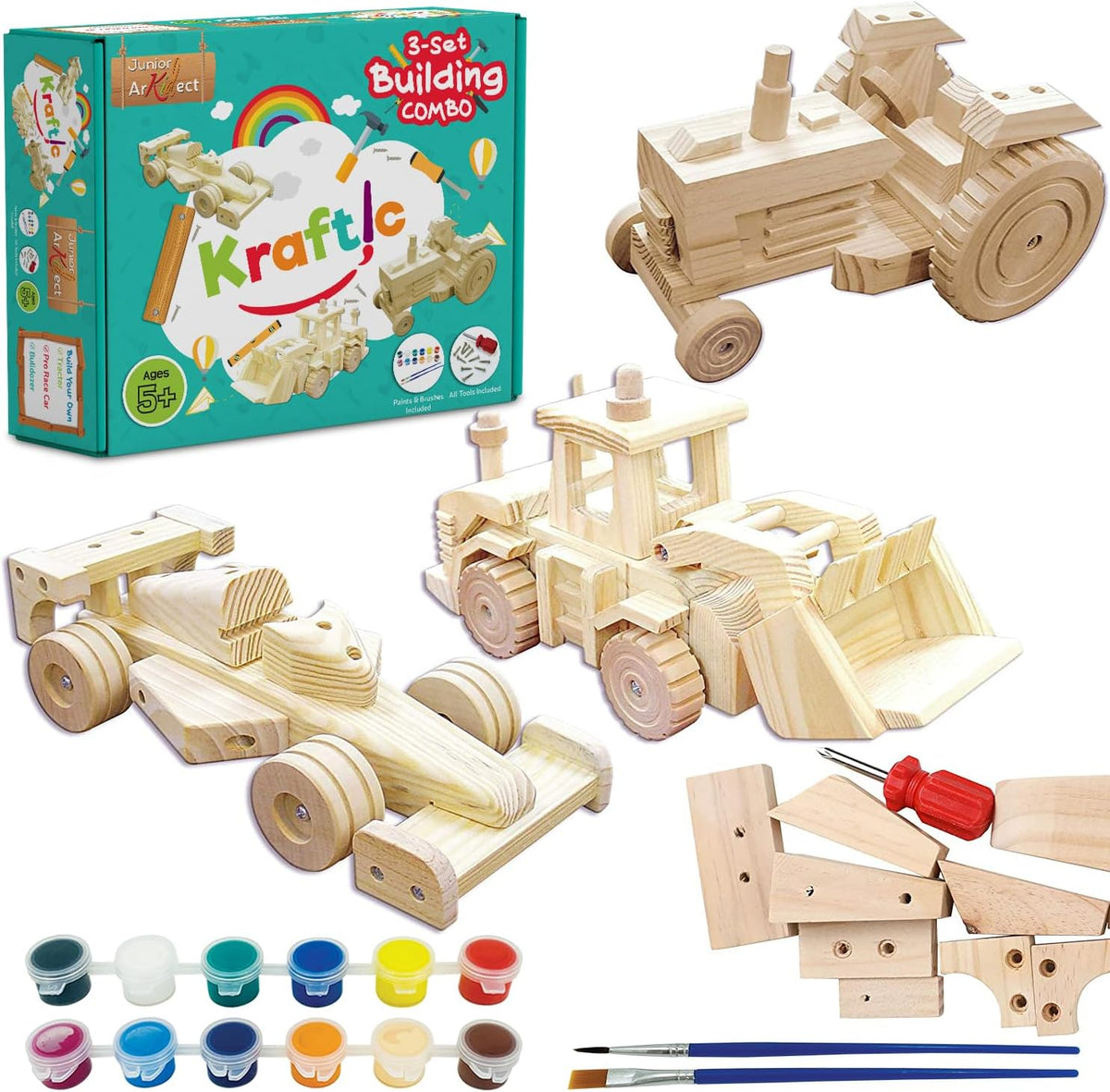 Kraftic Woodworking Building Kit for Kids, with 3 Educational DIY Carpentry Construction Wood Model