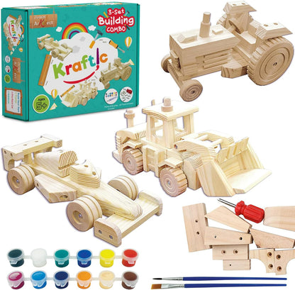 Kraftic Woodworking Building Kit for Kids, with 3 Educational DIY Carpentry Construction Wood Model