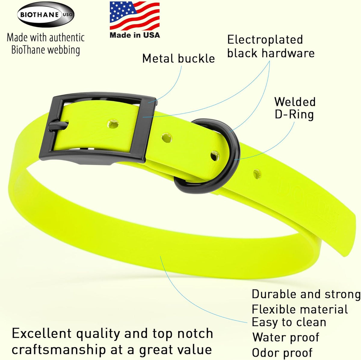 Dogline Biothane Waterproof Dog Collar Strong Coated Nylon Webbing with Black Hardware Odor- Proof