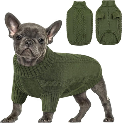 Queenmore Small Dog Pullover Sweater, Cold Weather Cable Knitwear, Classic Turtleneck Thick Warm