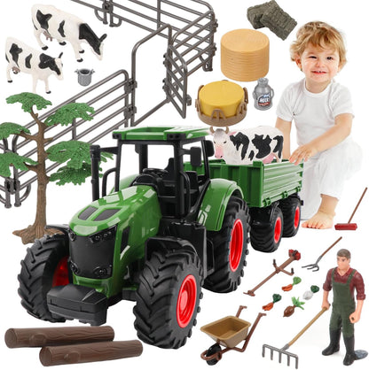 Farm Animal Tractor Toys Playset-16.5 Inches Tractor with Trailer Fence,Farmer,Tree,Cow,Farm Toy