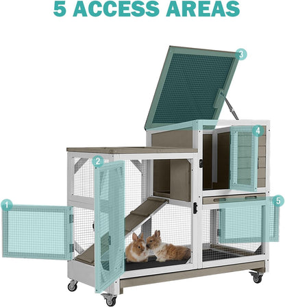 Rabbit Hutch Indoor for 2-4 Rabbits & Guinea Pigs，Bunny Cage with Slide-Out Plastic Trays，Wooden