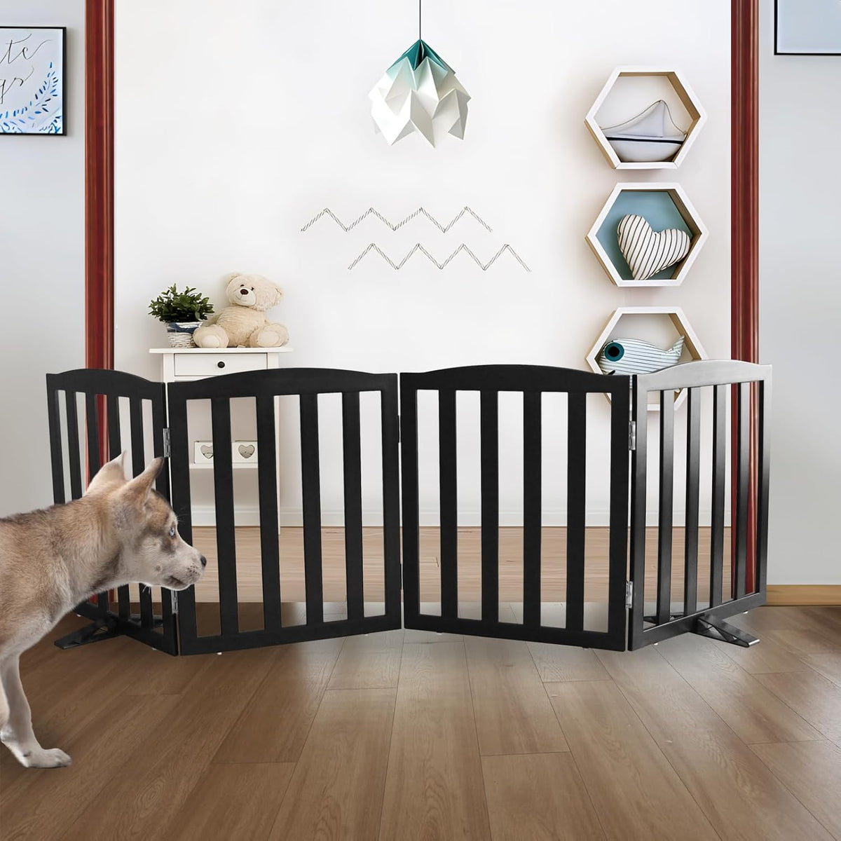 ZJSF Foldable Freestanding Indoor Dog Gate for House Wood Long Pet Gates Dog Fence for Stairs Puppy