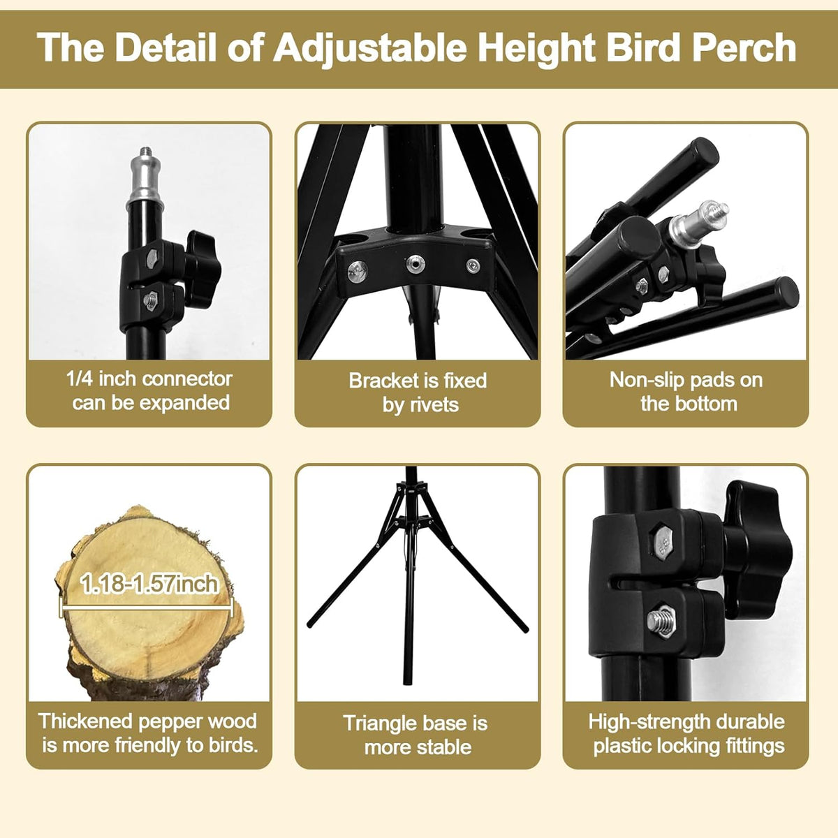 16-63 Inch Height Adjustable Bird Perch Pepper Wood Parrot Training Perch Stand with Feeding Cups