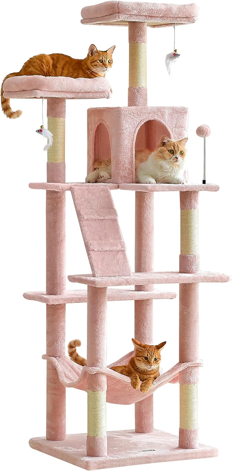 MWPO 70.1-Inch Pink Large Cat Tree, Multi-Level Tall Cat Tower for Indoor Cats, Plush Cat Condo