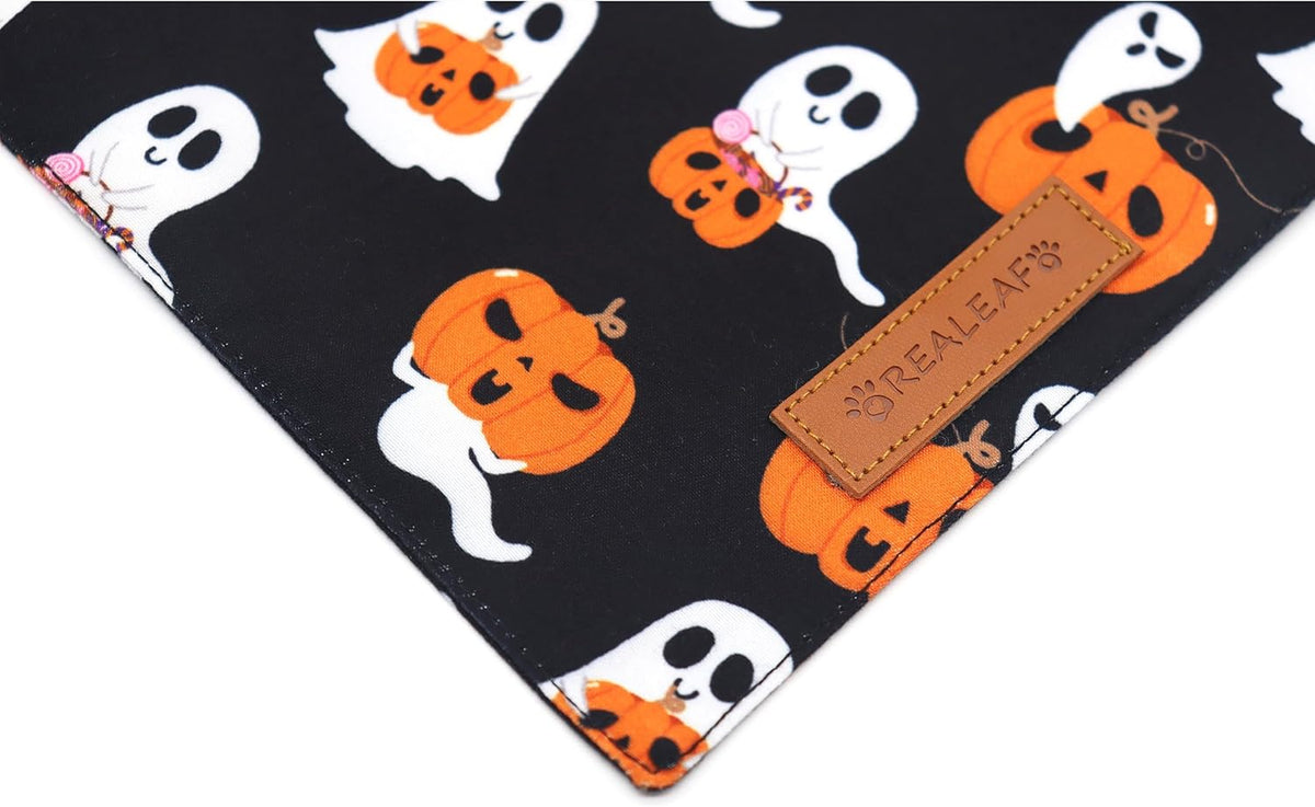 Realeaf Halloween Dog Bandanas 2 Pack, Reversible Orange Pumpkin Pet Scarf for Boy and Girl