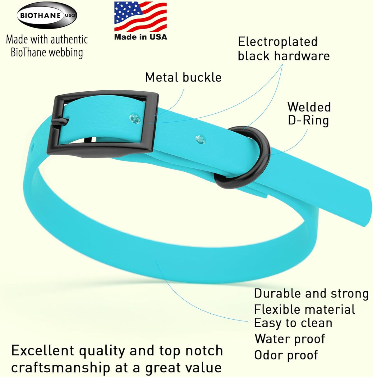 Dogline Biothane Waterproof Dog Collar Strong Coated Nylon Webbing with Black Hardware Odor- Proof