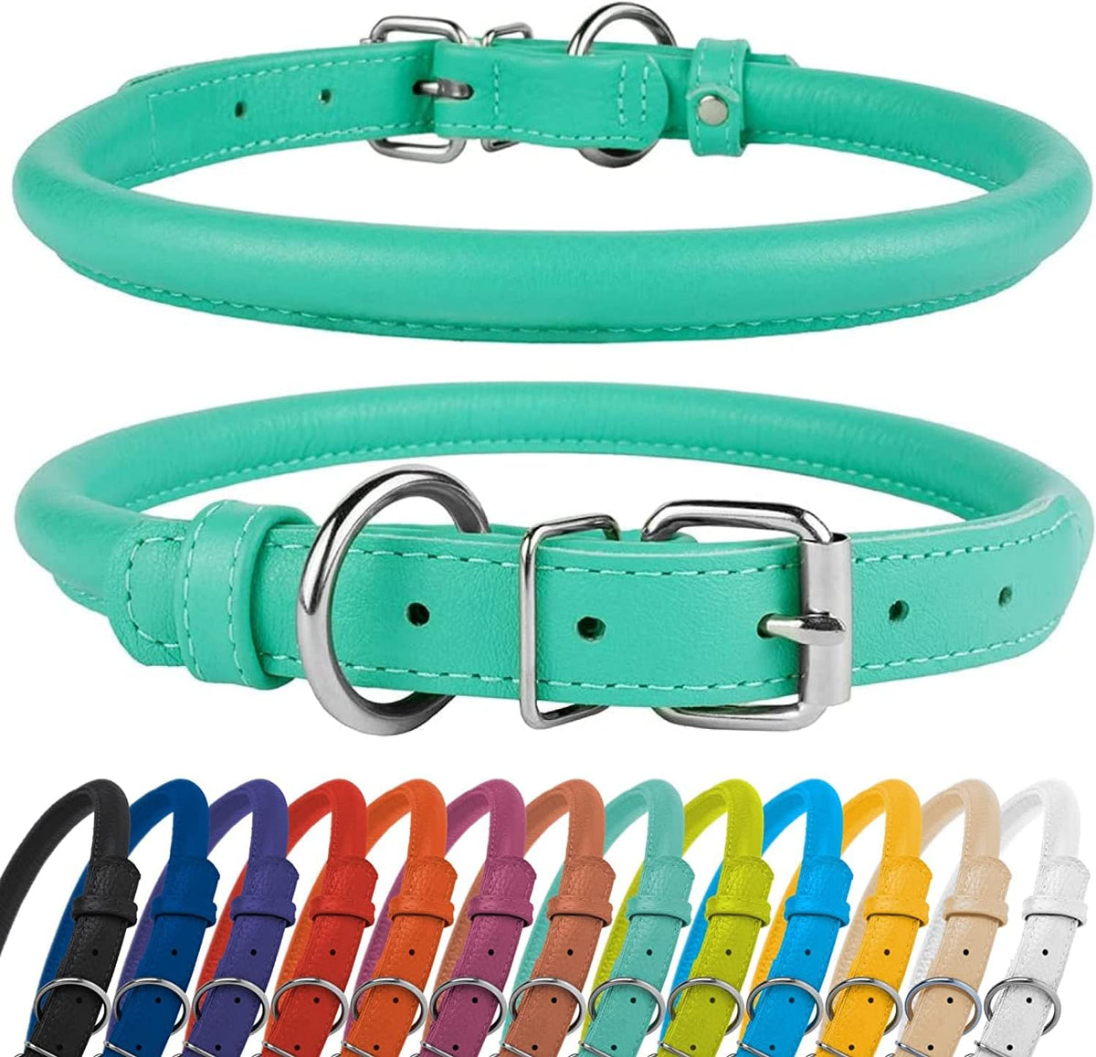 CollarDirect Rolled Leather Dog Collar, Soft Padded Round Puppy Collar, Handmade Genuine Leather