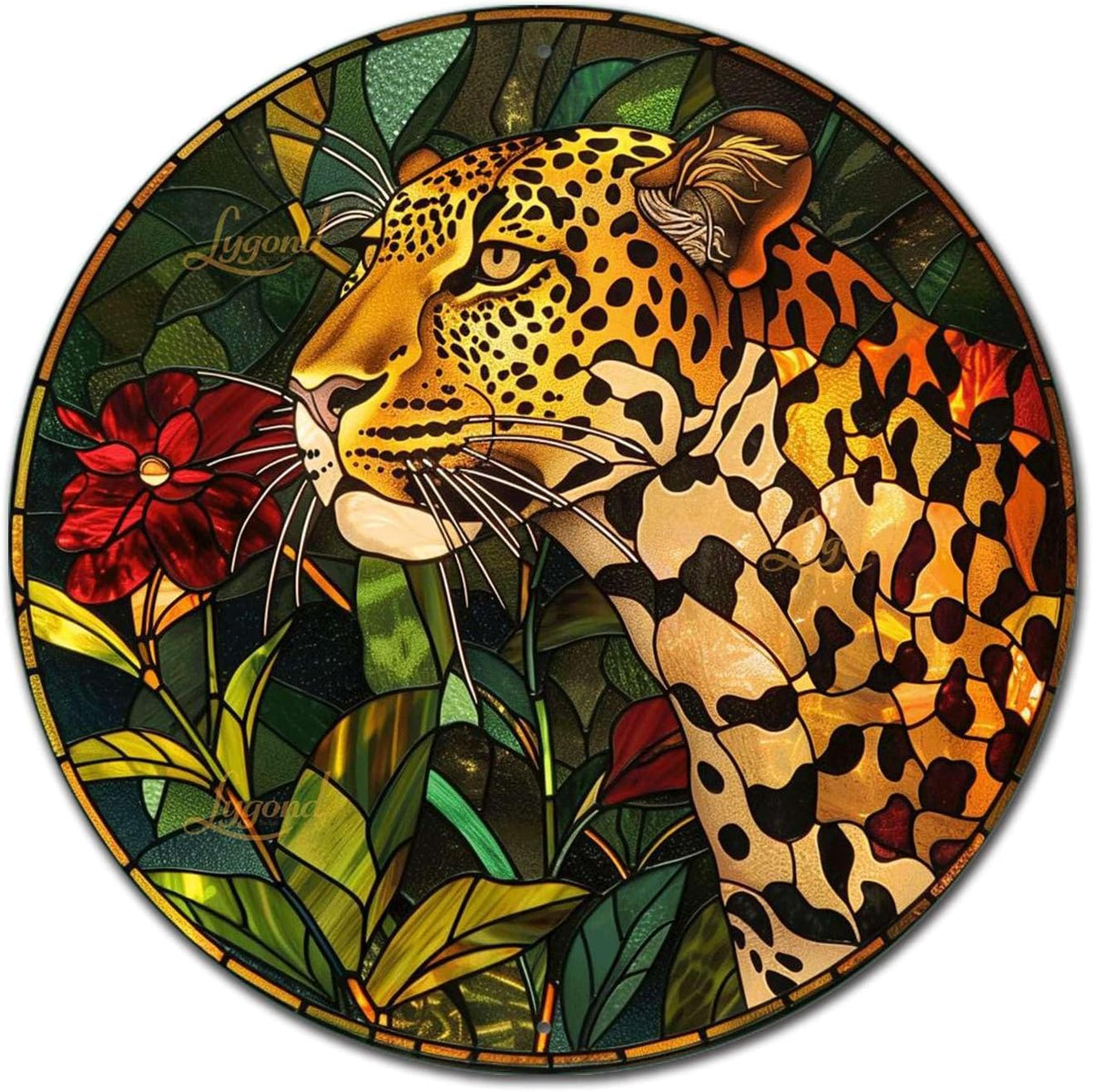 Lygond Metal Sign Tin Sign Circular Stained Glass Leopard Minimalist Wall Art for Garden 12×12