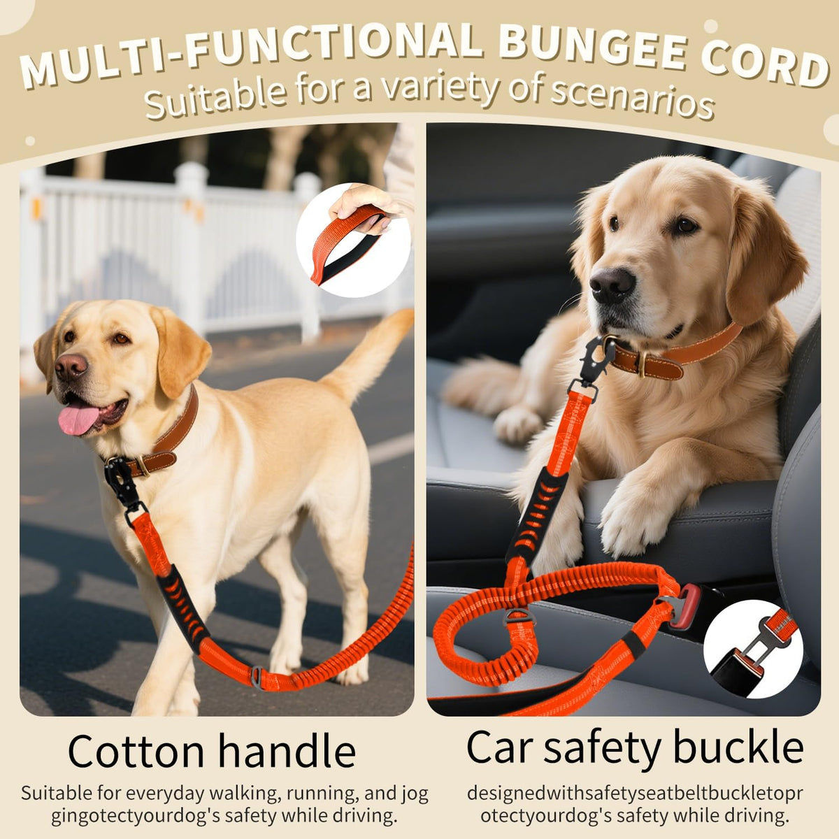 Heavy Duty Tactical Dog Leash, 4-6FT Shock Absorbing Bungee Leash with 2 Padded Handles, Metal