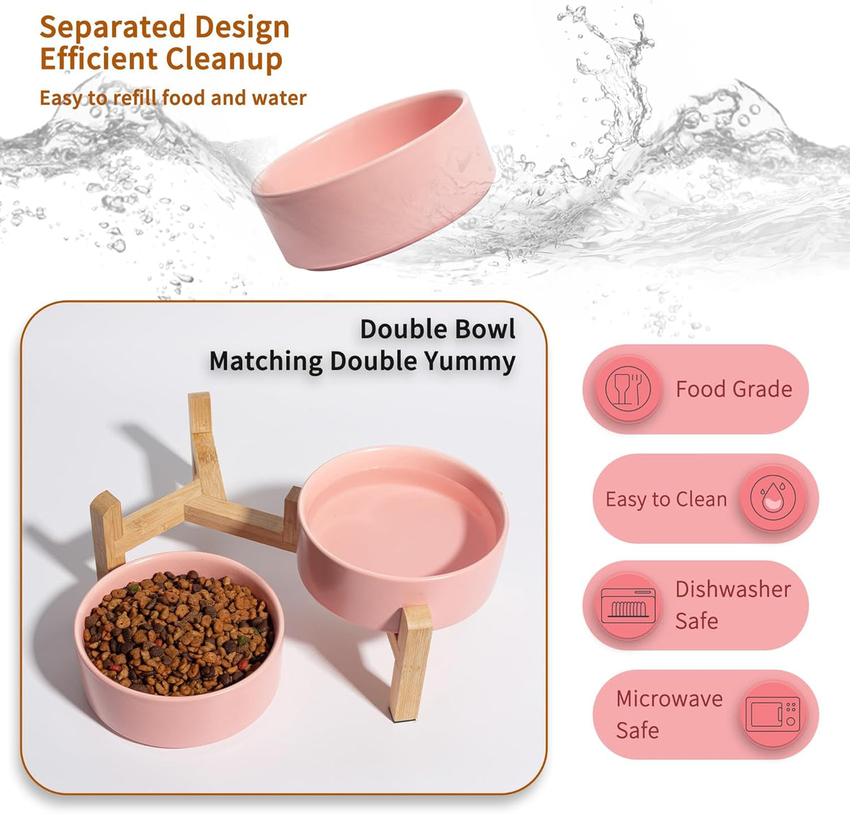 Elevated Ceramic Dog Bowl Set - Raised Feeding Bowls with Non-Slip Bamboo Stand - Small Pet Dishes