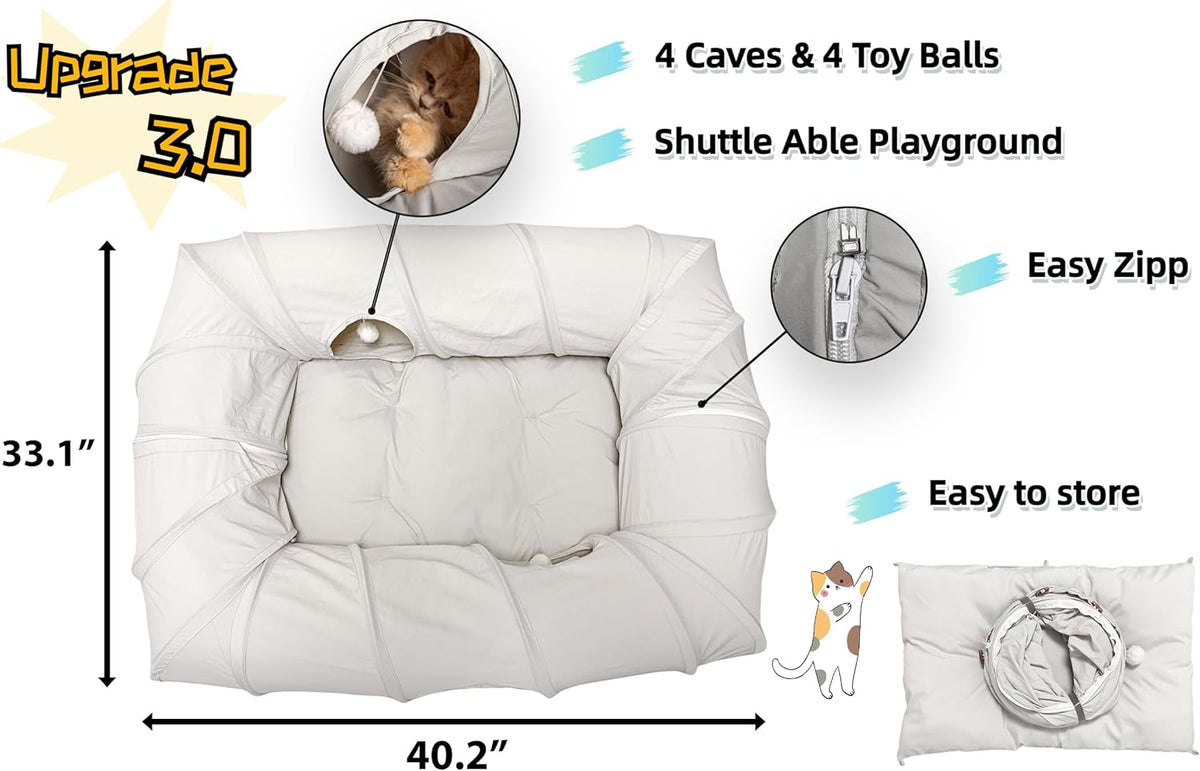 XxingSheep 4 Ways Shuttled XL Cat Tunnel Bed for Indoor Cats Peekaboo Cat Cave Donut with Cool Mat