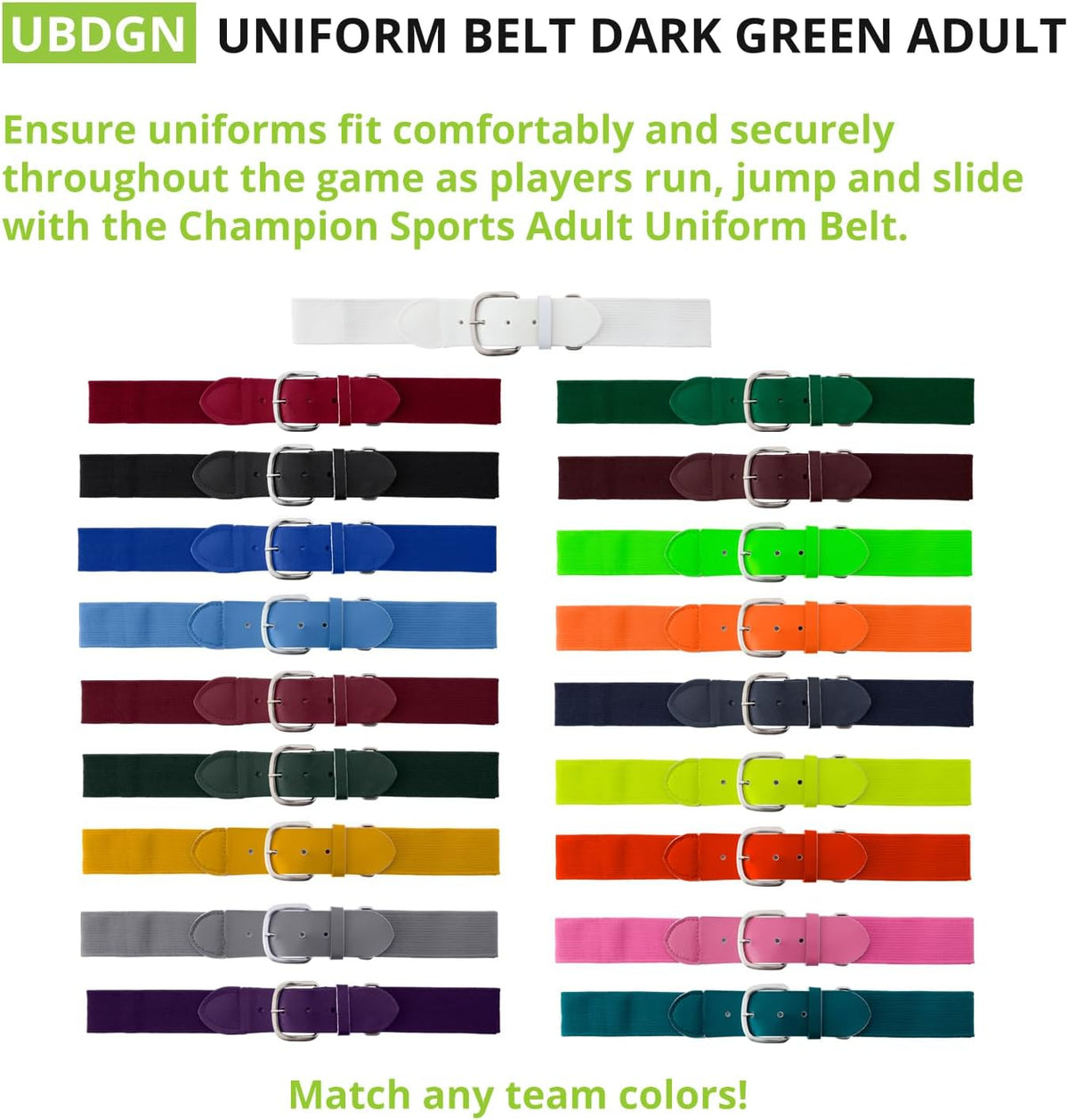 Champion Sports Baseball/Softball Uniform Belt, Comfort Stretch Fit Durable Syntex Tab - Youth &