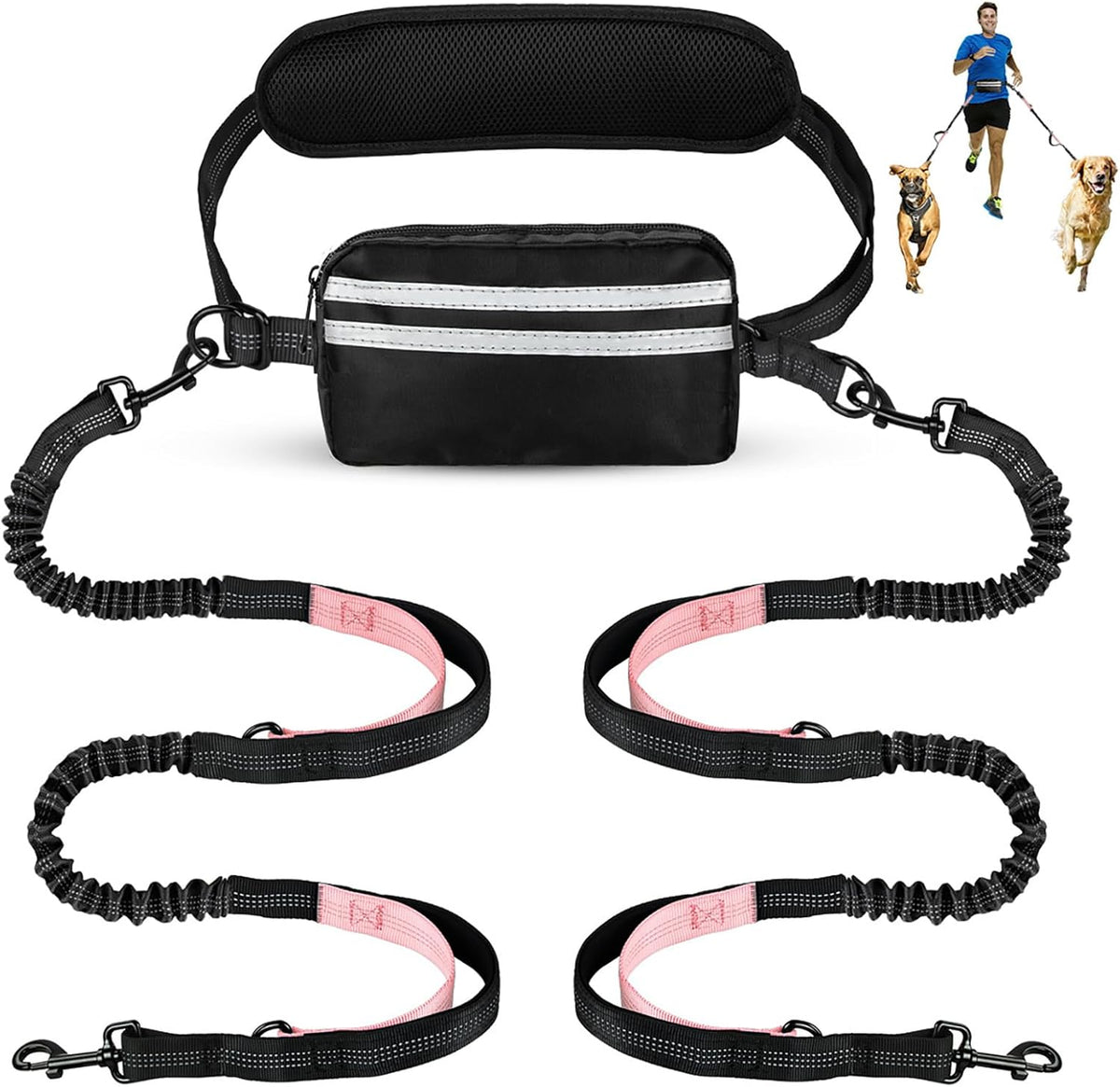 Hands Free Dog Leash, Waist Leash for Dog Walking 2 Dogs, Double Dog Leash for Two Dogs with Padded
