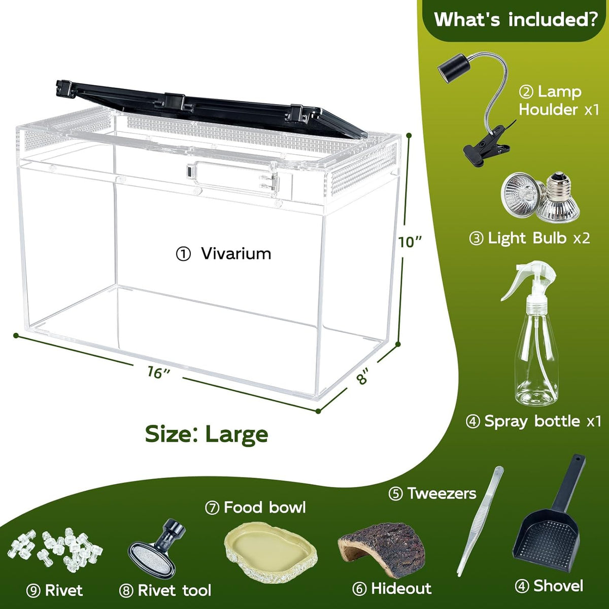 16×10×8'' Reptile Tank Kit with Heat Lamp, Spray Bottle, Shovel, Tweezers, Food Bowl, Hideout