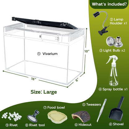 16×10×8'' Reptile Tank Kit with Heat Lamp, Spray Bottle, Shovel, Tweezers, Food Bowl, Hideout