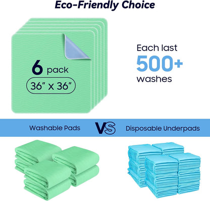 6 Pack 36” x 36” Extra Heavy Absorbency Washable Underpads, Waterproof Quick Drying Nursing Pads