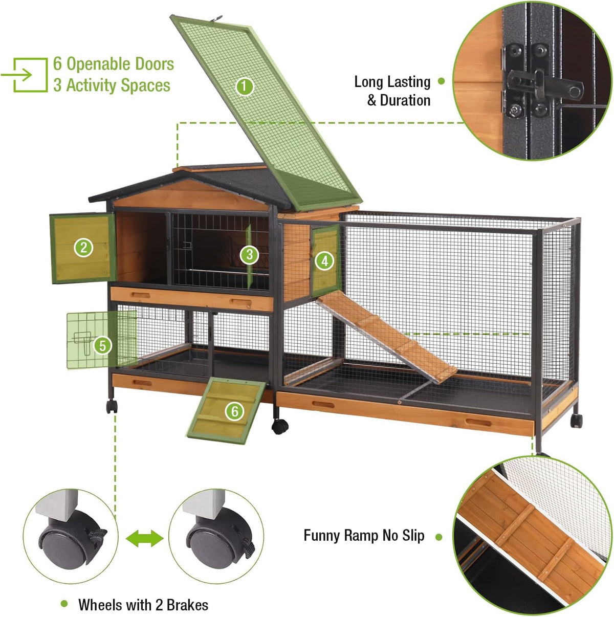 GUTINNEEN Rabbit Hutch Outdoor with Metal Surround Indoor Rabbit Cage with Wheels Bunny Cage Large