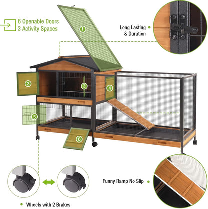 GUTINNEEN Rabbit Hutch Outdoor with Metal Surround Indoor Rabbit Cage with Wheels Bunny Cage Large