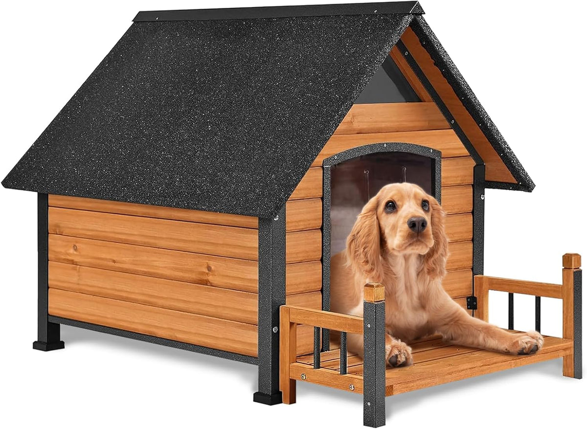AIVITUVIN Dog House Outdoor Anti-Bite Metal Frame Design Wooden Dog Kennel Outside with Elevated