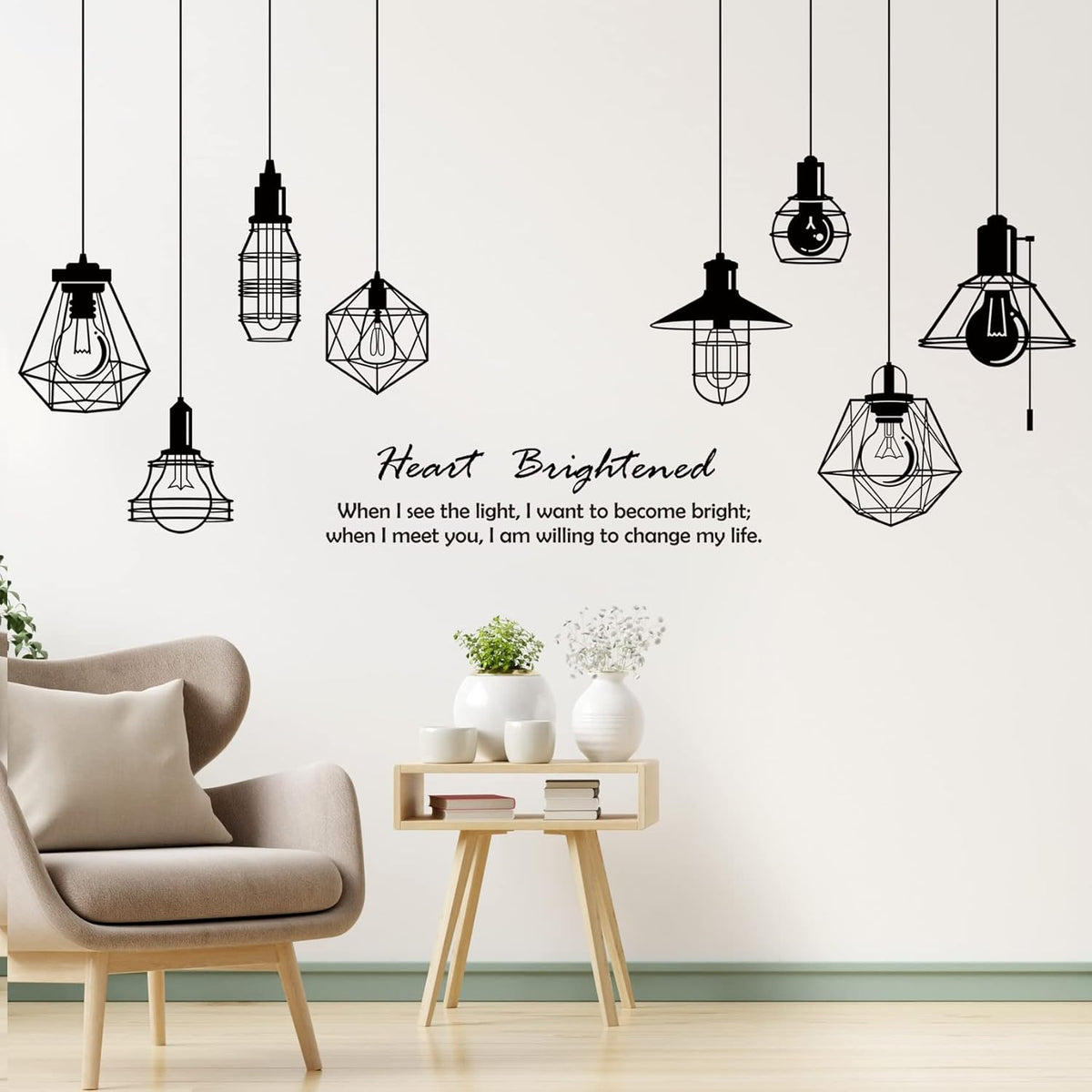 Removable 8pcs Hanging Black Vinyl Chandeliers Wall Sticker Quotes Heart Brightened Wall Decal DIY