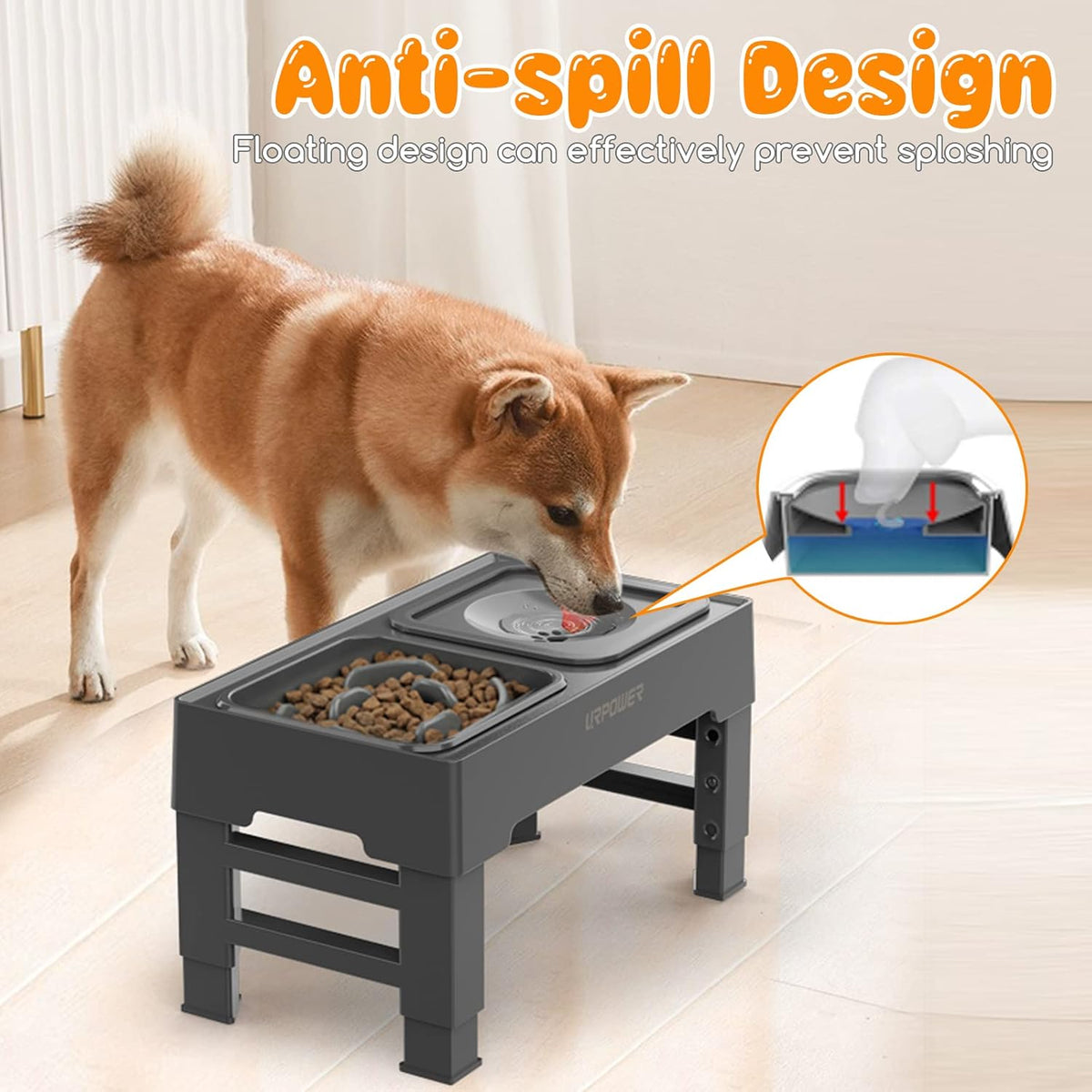 URPOWER 2-in-1 Elevated Slow Feeder with No Spill Dog Water Bowl 4 Height Adjustable Raised Bowl