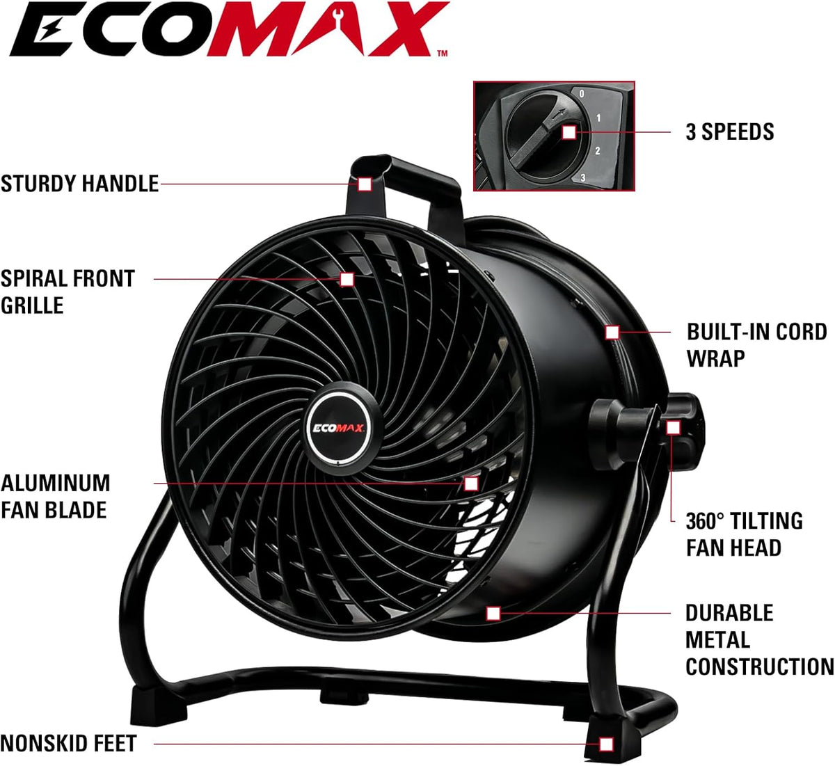 10-Inch High-Velocity Drum Air Circulator Fan, Heavy-Duty Shop Fan with 3-Speed & 360° Tilting