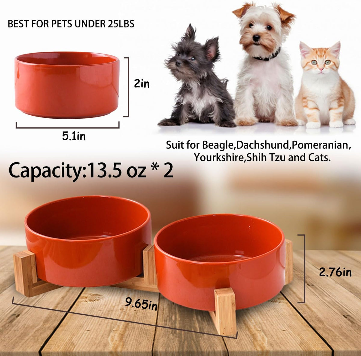 Petygooing Dog Bowls,Ceramic Cat Dog Bowl Set with Wood Stand for Food and Water,Non-Slip Cute