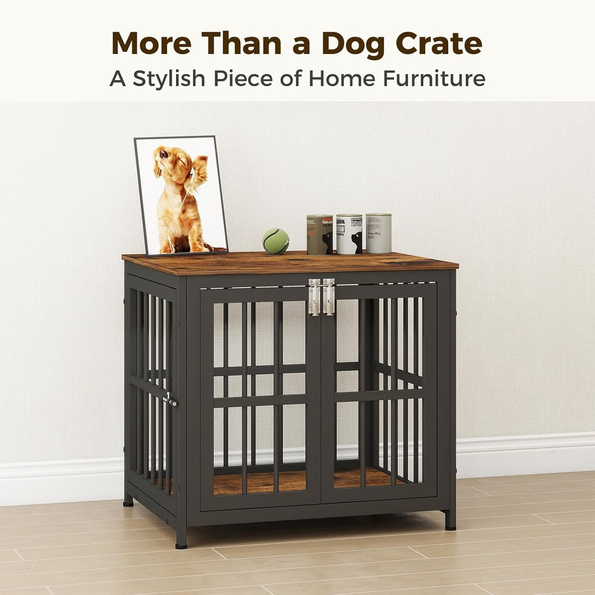 26 Inch Heavy Duty Wooden Dog Kennel End Table with Double Door Design and Secure Locks, Indoor Pet