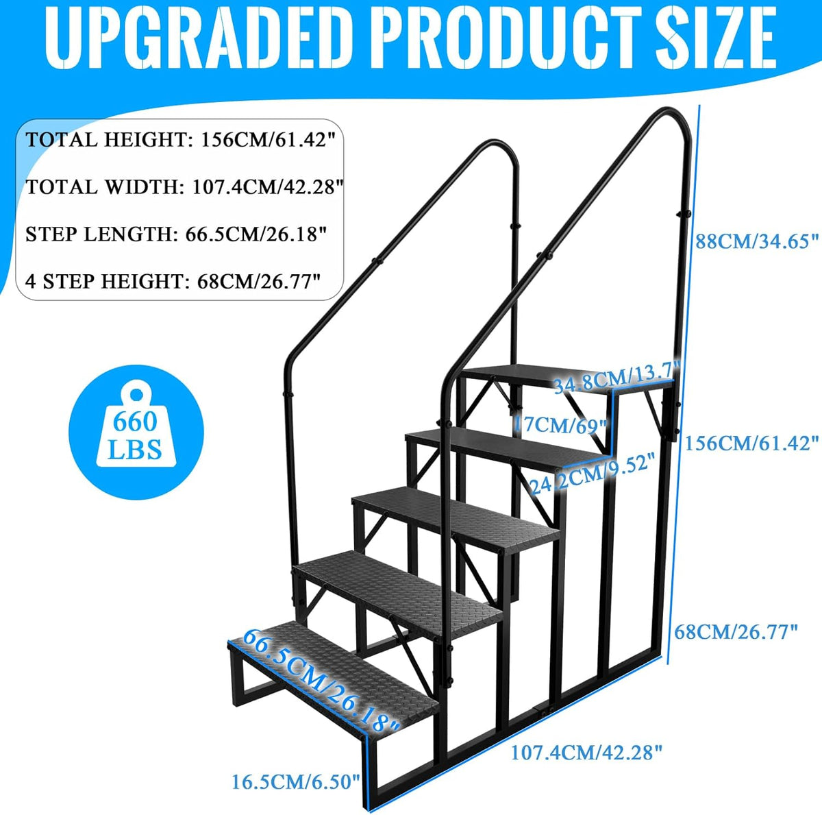 RV Stairs 5 Step Ladder, RV Steps Anti-Slip, Hot Tub Steps with Handrail, 660 lbs RV Ladder for 5th