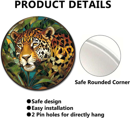 Lygond Metal Sign Tin Sign Circular Stained Glass Jaguar Minimalist Wall Art for Garage 12×12 Inches