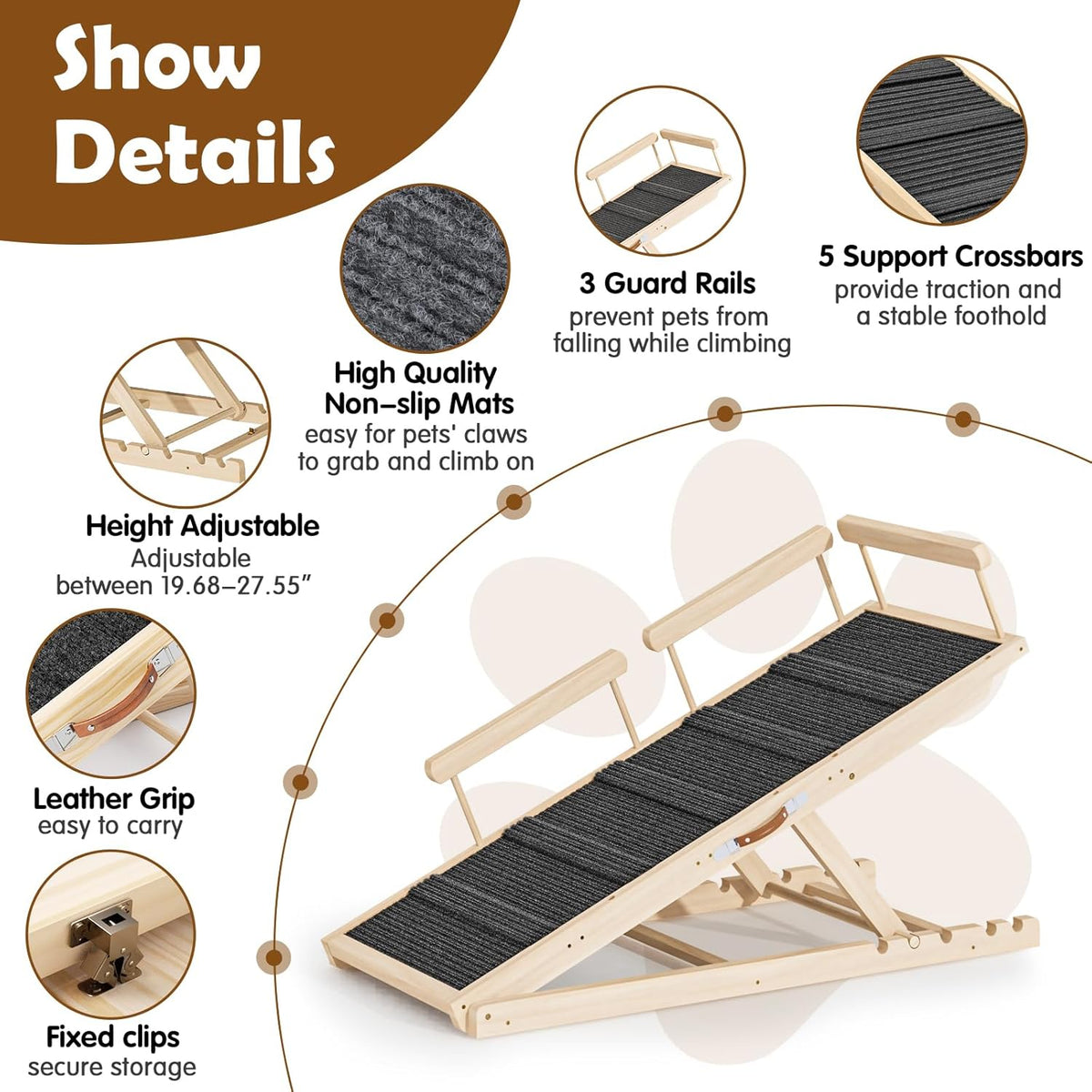 Dog Ramp for Couch, Bed or Car, Wooden 55" Long Pet Stairs for Small & Large Old Dogs & Cats, Hold