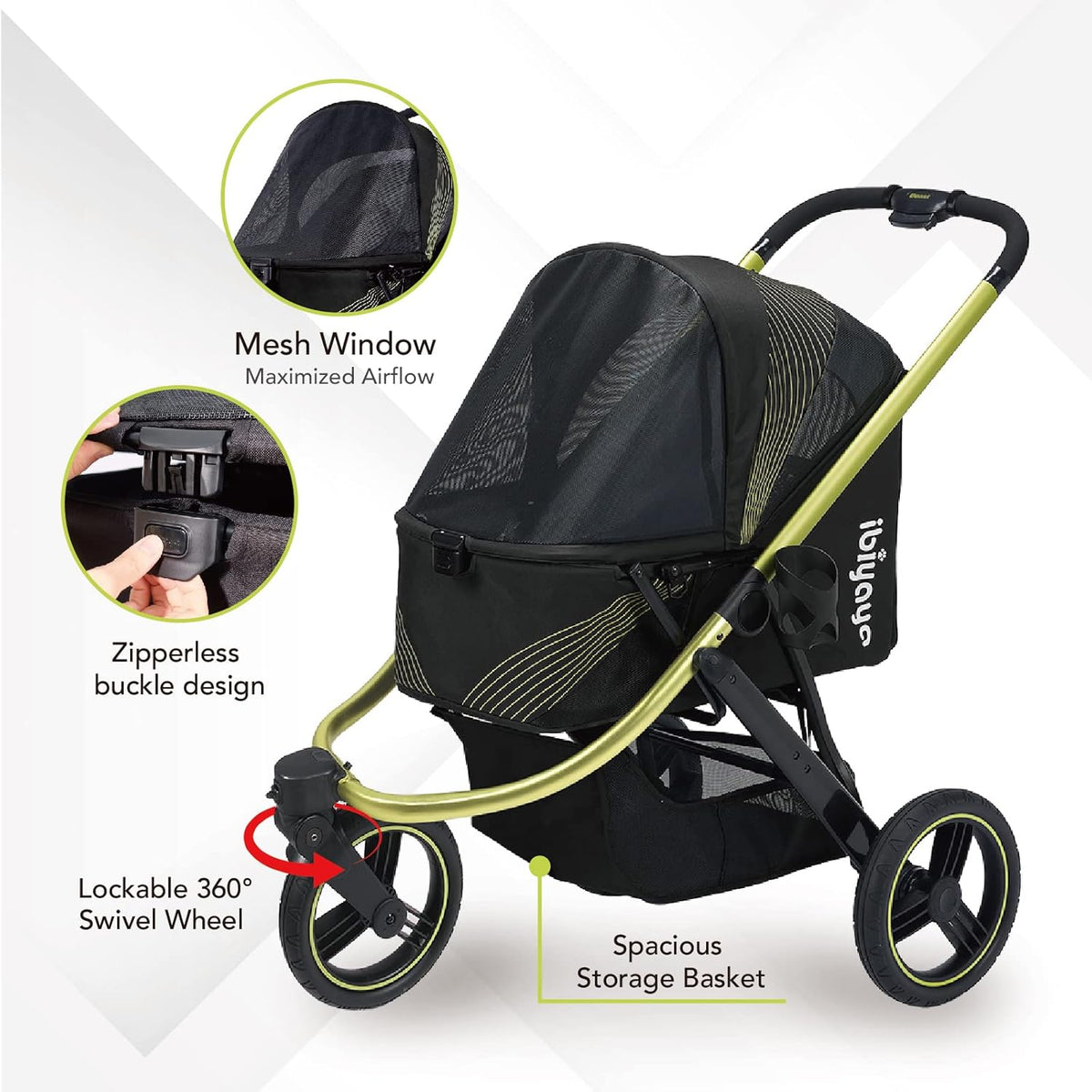 ibiyaya The Beast Pet Jogging Stroller for All Terrains, 3-Wheel Dog Carrier with Double Breaks