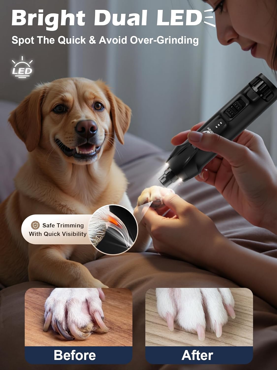 Casfuy 6-Speed Dog Nail Grinder – 50%+ Boost Power Dog Nail Trimmers Quiet with Dust Cap & 2 LED