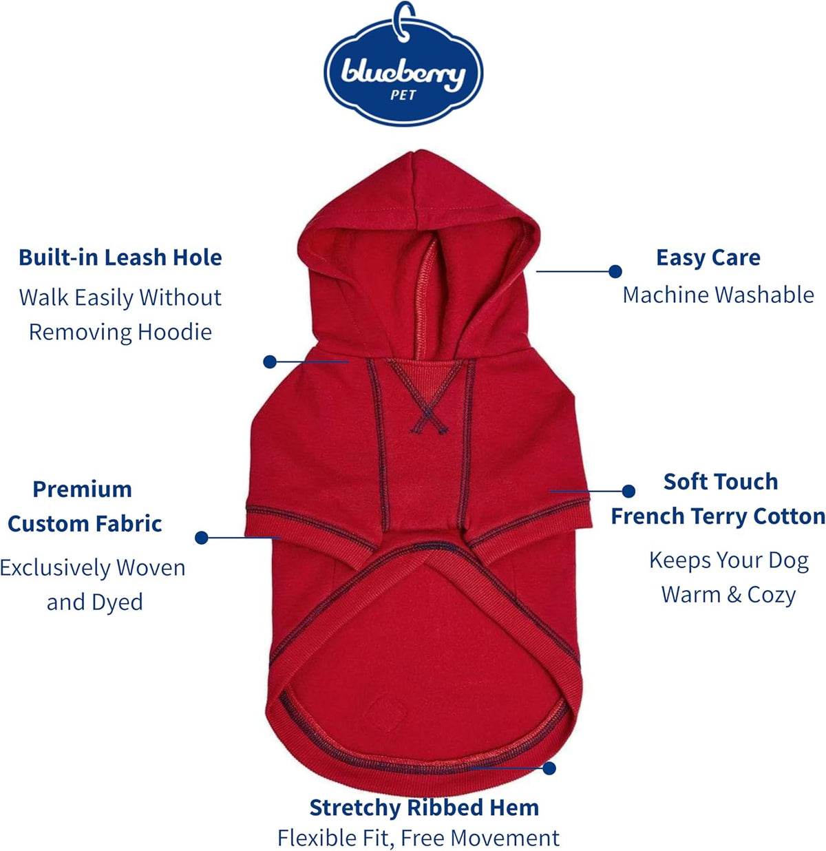 Blueberry Pet Essentials Hoodie – 12″ Soft French Terry Sweatshirt with Hood, Red, Award‑Winning