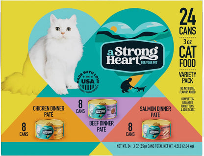 A Strong Heart Canned Wet Cat Food, Chicken, Beef and Salmon Variety Pack - 3 oz Cans (Pack of 24)