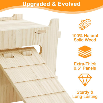 Natural Wooden Rabbit Castle House,Extra Large Hideout for Rabbit Guinea Pig Chinchilla